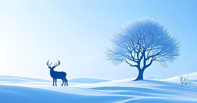 Abstract minimalist winter scene with a single, sharp silhouette of a deer and of a snow-covered tree on a vast, white canvas