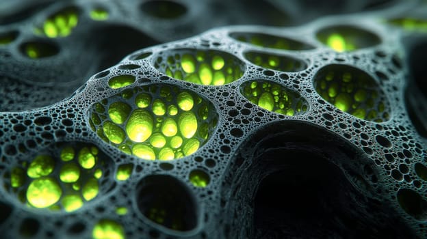 This captivating high-resolution image features intricate black filigree fractal biogen nanostructures, punctuated by vibrant green glowing holes. The high contrast and exceptional detail reveal the complexity and beauty of the design, blending cutting-edge science with artistic precision. The green glowing accents bring an otherworldly glow to the structures, emphasizing their biological and organic nature.