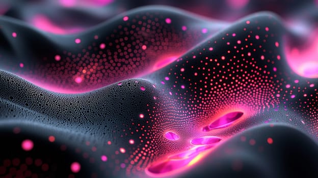 This high-resolution image presents a stunning visual of black filigree fractal biogen nanostructures, with mesmerizing magenta glowing holes that enhance the intricate design. The high contrast and exceptional detail capture the complexity of the nanostructures, creating a fusion of science and art that pushes the boundaries of digital aesthetics.
