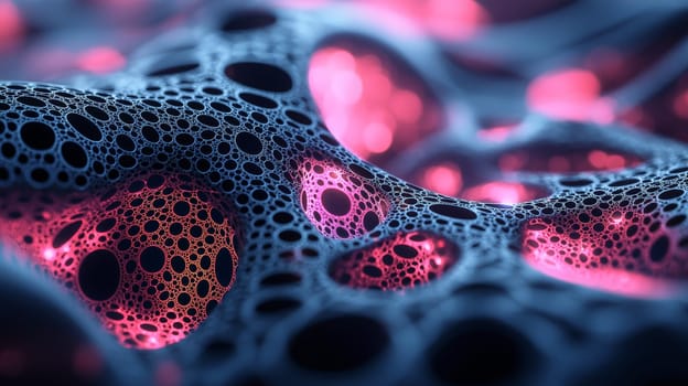 This mesmerizing high-resolution image showcases intricate black filigree fractal biogen nanostructures, highlighted by vibrant pink glowing holes. The exceptional detail and high contrast emphasize the delicate yet complex structure, blending organic and futuristic elements. The pink glow adds a touch of surreal beauty, drawing attention to the visual harmony of the design.
