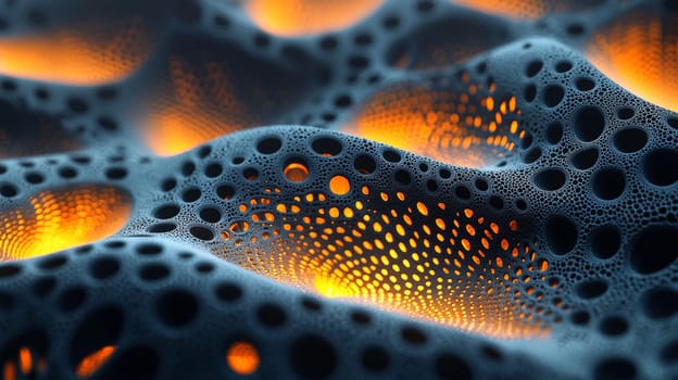 This visually captivating image showcases black filigree fractal biogen nanostructures with vibrant orange glowing holes. The high-resolution and highly detailed design emphasizes sharp contrast and intricate patterns, blending the realms of science and abstract art with stunning clarity and precision.