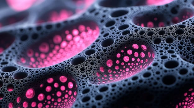 This mesmerizing high-resolution image showcases intricate black filigree fractal biogen nanostructures, highlighted by vibrant pink glowing holes. The exceptional detail and high contrast emphasize the delicate yet complex structure, blending organic and futuristic elements. The pink glow adds a touch of surreal beauty, drawing attention to the visual harmony of the design.