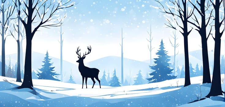 Abstract minimalist winter scene with a single, sharp silhouette of a deer and of a snow-covered tree on a vast, white canvas
