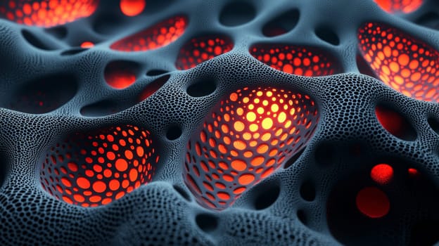 This striking high-resolution image features black filigree fractal biogen nanostructures with red glowing holes, offering a captivating display of intricate patterns and high contrast. The stunning details and precision in design highlight the fusion of nature and advanced scientific visualization.