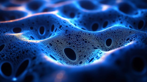 This striking high-resolution image showcases intricate black filigree fractal biogen nanostructures, accentuated by vibrant blue glowing holes. The high contrast and exceptional detail capture the precision and complexity of these microscopic designs, blending science with stunning visual art. The glowing blue elements bring the nanostructures to life, enhancing their delicate, organic feel.