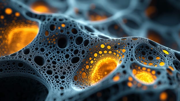 This striking image features black filigree fractal biogen nanostructures with brilliant yellow glowing holes. The high-resolution, detailed design creates a powerful contrast between the dark intricacies of the structures and the vibrant illumination of the glowing elements, showcasing a blend of science and artistic innovation.
