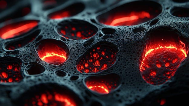 This striking high-resolution image features black filigree fractal biogen nanostructures with red glowing holes, offering a captivating display of intricate patterns and high contrast. The stunning details and precision in design highlight the fusion of nature and advanced scientific visualization.