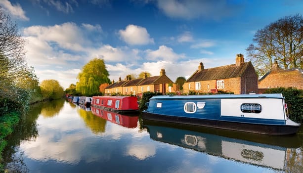 moored houseboats in british canal, AI generated image
