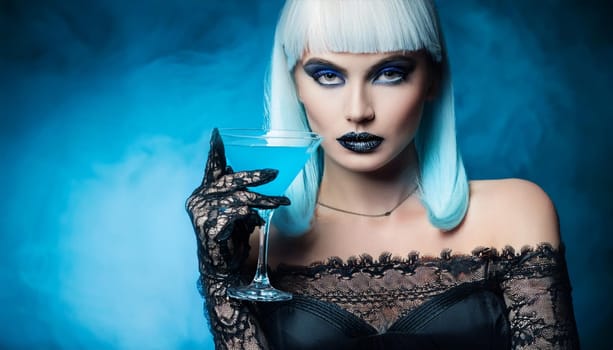 pretty young goth woman drinking, AI generated image