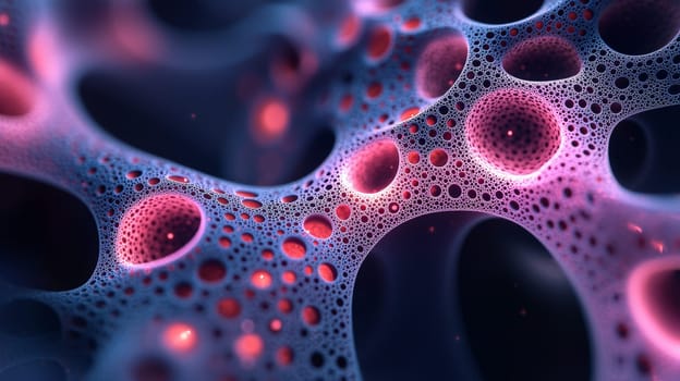 This high-resolution image presents a stunning visual of black filigree fractal biogen nanostructures, with mesmerizing magenta glowing holes that enhance the intricate design. The high contrast and exceptional detail capture the complexity of the nanostructures, creating a fusion of science and art that pushes the boundaries of digital aesthetics.