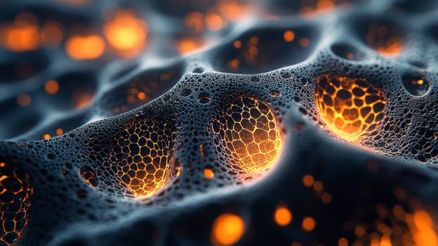 This visually captivating image showcases black filigree fractal biogen nanostructures with vibrant orange glowing holes. The high-resolution and highly detailed design emphasizes sharp contrast and intricate patterns, blending the realms of science and abstract art with stunning clarity and precision.