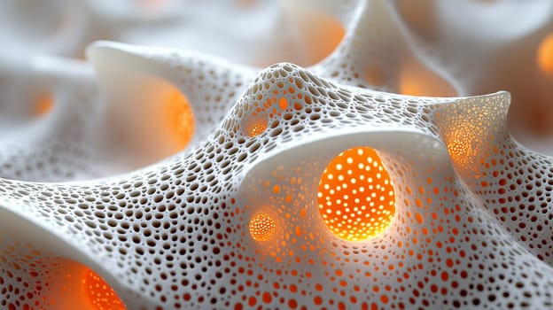 This high-resolution image captures the stunning beauty of white filigree fractal biogen nanostructures, enhanced by red glowing holes. The intricate patterns, high detail, and strong contrast showcase a perfect blend of natural and scientific artistry at the molecular level.