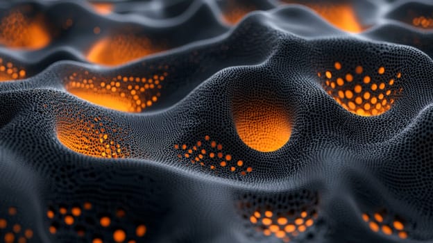 This visually captivating image showcases black filigree fractal biogen nanostructures with vibrant orange glowing holes. The high-resolution and highly detailed design emphasizes sharp contrast and intricate patterns, blending the realms of science and abstract art with stunning clarity and precision.