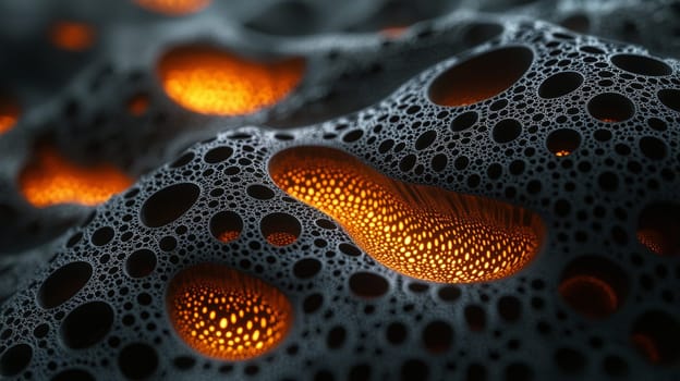 This visually captivating image showcases black filigree fractal biogen nanostructures with vibrant orange glowing holes. The high-resolution and highly detailed design emphasizes sharp contrast and intricate patterns, blending the realms of science and abstract art with stunning clarity and precision.
