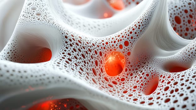 This high-resolution image captures the stunning beauty of white filigree fractal biogen nanostructures, enhanced by red glowing holes. The intricate patterns, high detail, and strong contrast showcase a perfect blend of natural and scientific artistry at the molecular level.
