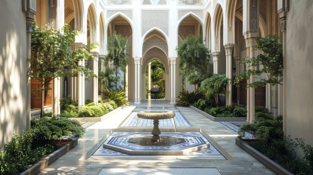 Detailed 3D rendering of a traditional Islamic courtyard, featuring architectural elements such as arches and fountains.
