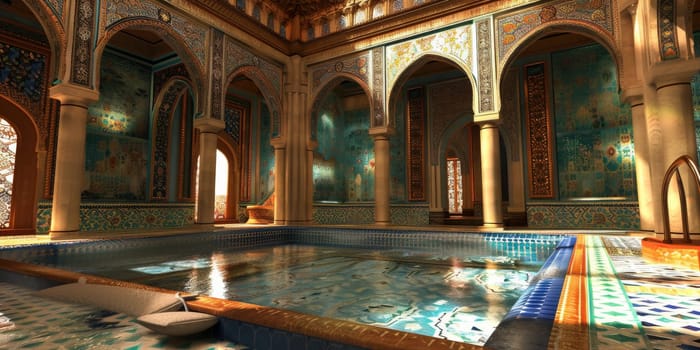 Detailed 3D model of a traditional Islamic bathhouse, featuring elaborate tilework and architectural details.