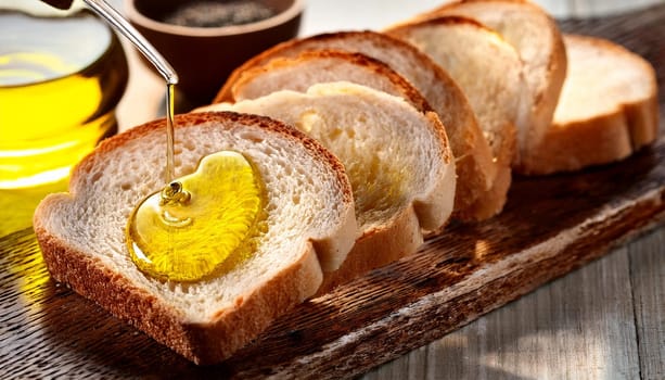 extra virgin olive oil on sliced bread, AI generated image