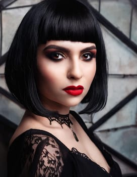 pretty young goth woman dressed in black, AI generated image