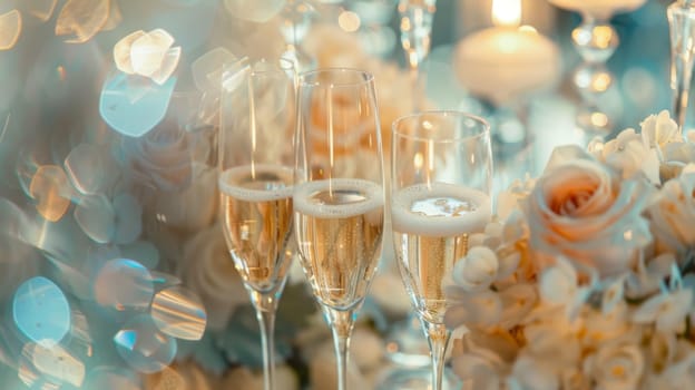 Elegant double exposure blending champagne flutes with elegant wedding decorations for a glamorous wedding reception