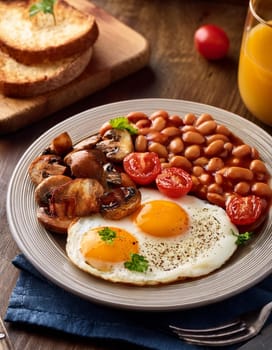 vegetarian English breakfast with baked beans fried mushrooms and egg, AI generated image