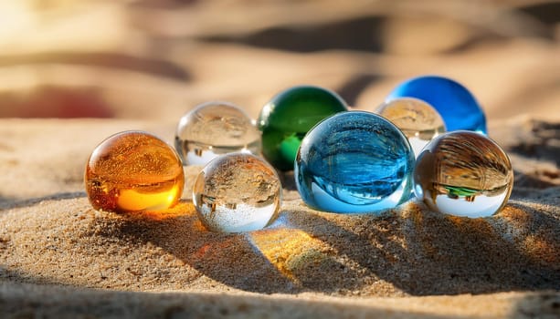 glass marbles toy in the sand, AI generated image