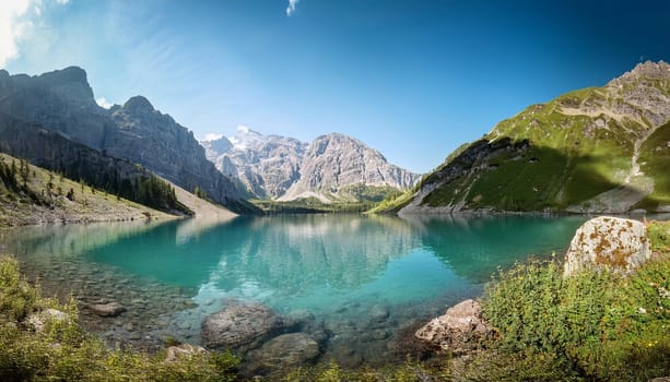 alpine mountains lake landscape view, AI generated image