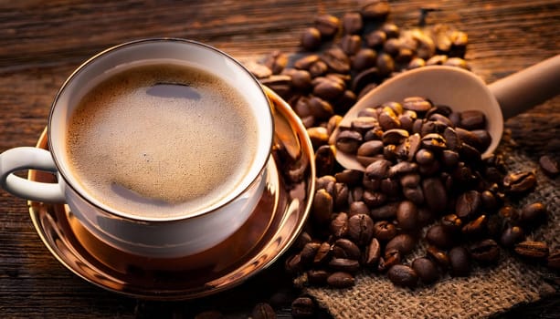 cup of coffee by roasted coffee beans, AI generated image