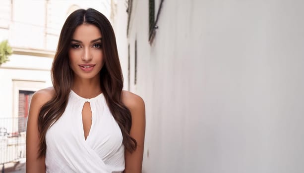 gorgeous young woman white dress over white wall, AI generated image