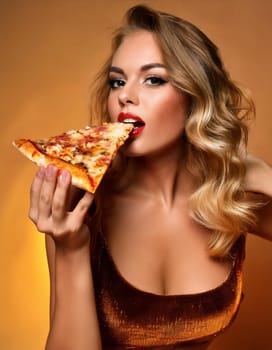 pretty young woman eating pizza margherita, AI generated image