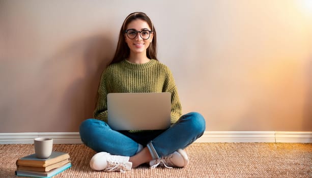 young female student seated on the floor with laptop pc, AI generated image