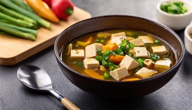 bowl of vegan tofu soup, AI generated image