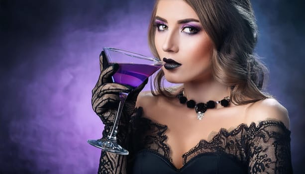 pretty young goth woman drinking, AI generated image
