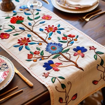 Embroidered Islamic table runners embellished with floral motifs, elevating dining experiences.
