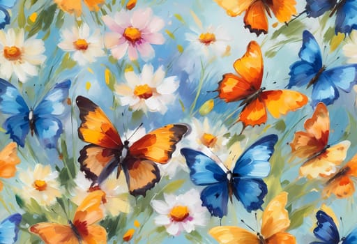 Colorful butterflies flutter gracefully above a vibrant array of wildflowers, creating a lively and cheerful atmosphere in a sunlit meadow. Generative AI.
