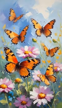 Colorful butterflies flutter gracefully above a vibrant array of wildflowers, creating a lively and cheerful atmosphere in a sunlit meadow. Generative AI.