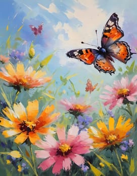 Colorful butterflies flutter gracefully above a vibrant array of wildflowers, creating a lively and cheerful atmosphere in a sunlit meadow. Generative AI.