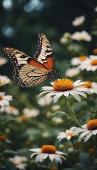 A group of striking butterflies dances gracefully around blooming flowers in a colorful garden. The bright blossoms create a lively atmosphere under the warm sunlight. Generative AI.