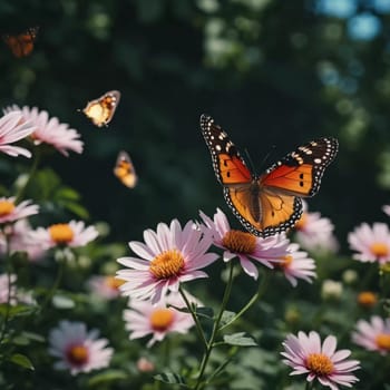 A group of striking butterflies dances gracefully around blooming flowers in a colorful garden. The bright blossoms create a lively atmosphere under the warm sunlight. Generative AI.