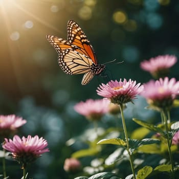 A group of striking butterflies dances gracefully around blooming flowers in a colorful garden. The bright blossoms create a lively atmosphere under the warm sunlight. Generative AI.