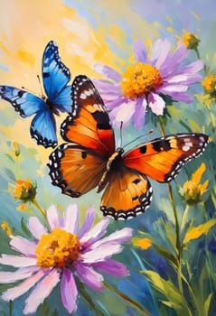 Colorful butterflies flutter gracefully above a vibrant array of wildflowers, creating a lively and cheerful atmosphere in a sunlit meadow. Generative AI.