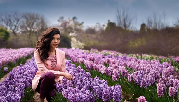 pretty young woman in hyacinth garden, AI generated image