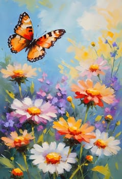 Colorful butterflies flutter gracefully above a vibrant array of wildflowers, creating a lively and cheerful atmosphere in a sunlit meadow. Generative AI.