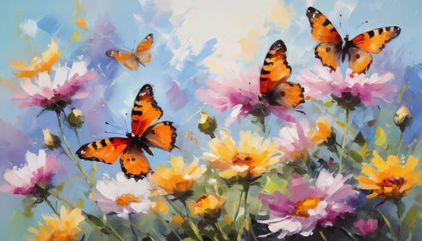 Colorful butterflies flutter gracefully above a vibrant array of wildflowers, creating a lively and cheerful atmosphere in a sunlit meadow. Generative AI.