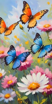 Colorful butterflies flutter gracefully above a vibrant array of wildflowers, creating a lively and cheerful atmosphere in a sunlit meadow. Generative AI.