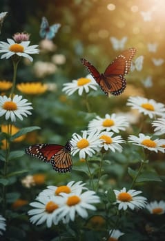 A group of striking butterflies dances gracefully around blooming flowers in a colorful garden. The bright blossoms create a lively atmosphere under the warm sunlight. Generative AI.