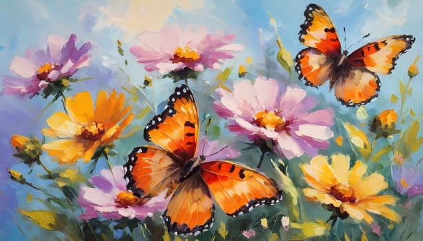 Colorful butterflies flutter gracefully above a vibrant array of wildflowers, creating a lively and cheerful atmosphere in a sunlit meadow. Generative AI.