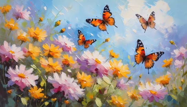 Colorful butterflies flutter gracefully above a vibrant array of wildflowers, creating a lively and cheerful atmosphere in a sunlit meadow. Generative AI.