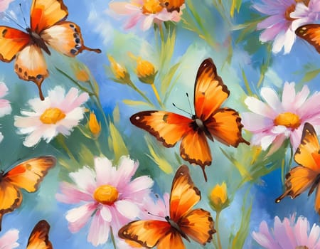 Colorful butterflies flutter gracefully above a vibrant array of wildflowers, creating a lively and cheerful atmosphere in a sunlit meadow. Generative AI.