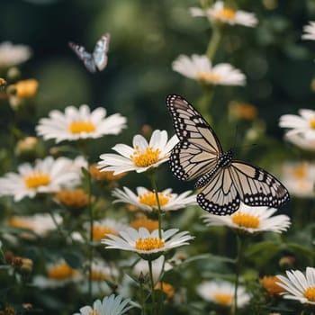 A group of striking butterflies dances gracefully around blooming flowers in a colorful garden. The bright blossoms create a lively atmosphere under the warm sunlight. Generative AI.